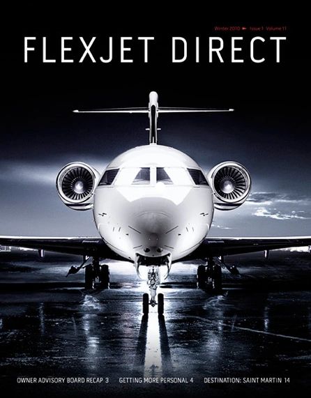 Flexjet Direct cover: aircraft photographed at night.