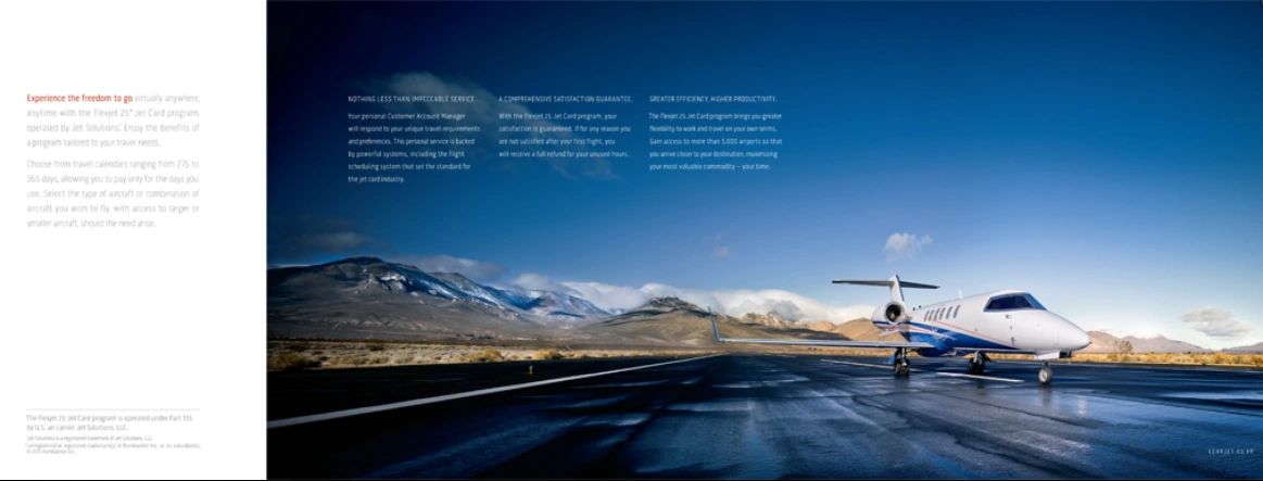 Flexjet editorial spread with aircraft and landscape photography.